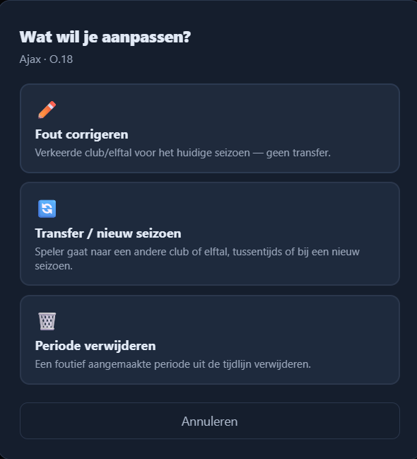 Carrière wijzigen: Fout corrigeren, Transfer/nieuw seizoen, Periode verwijderen